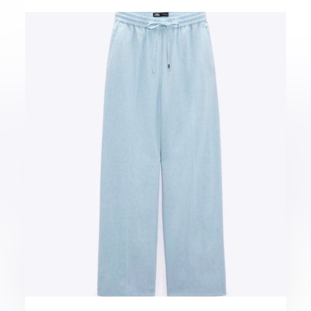 Zara Linen Blend Elastic Drawstring Waist Pocketed Pull On Pants SMALL